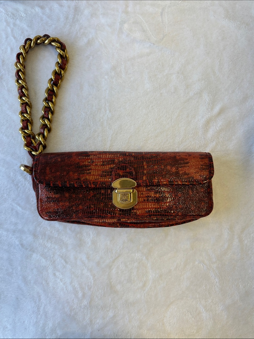 Trussardi Red Brown Textured Leather Clutch with Gold Chain Wristlet